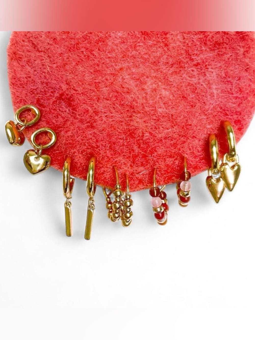 Gold-Tone Charm Huggie and Bead Earring Set with Red Accents
